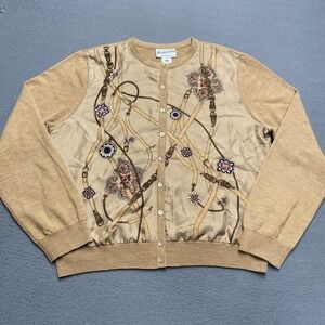 Pendleton Sweater Cardigan Womens Large Beige Silk Front Paisley Merino Wool